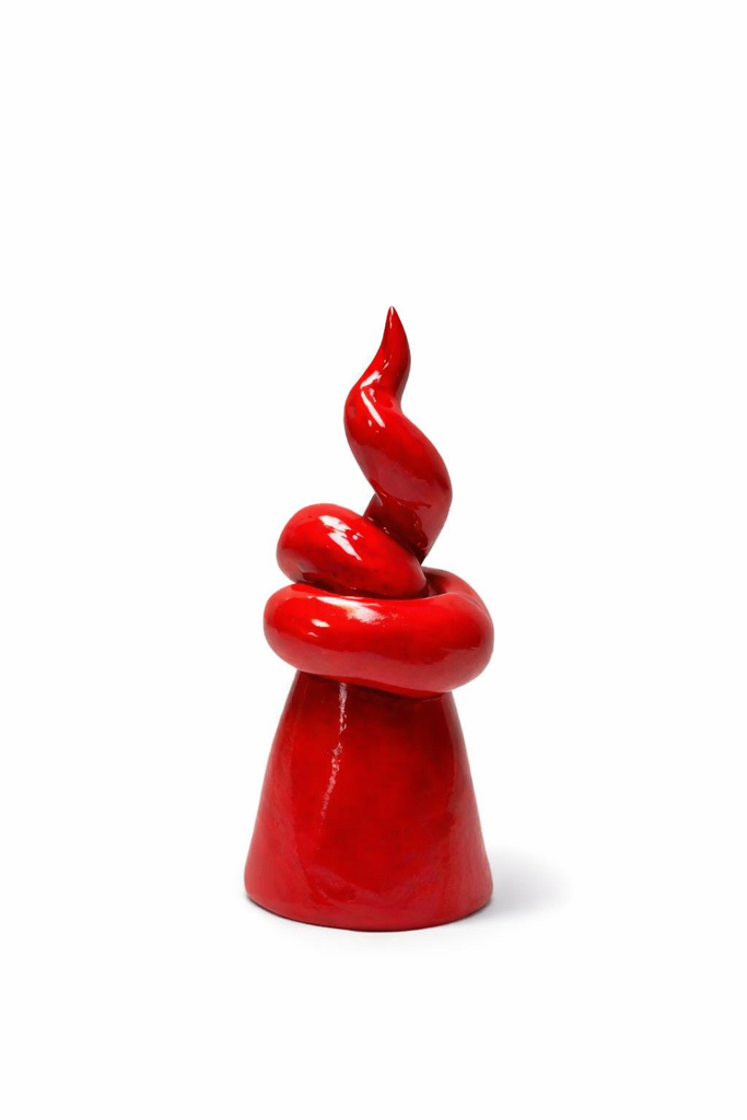 Glazed terracotta red horn with mask