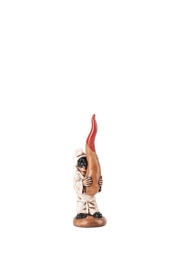 Pulcinella in piedi abbracciato al corno - scultura in terracotta (15 cm)